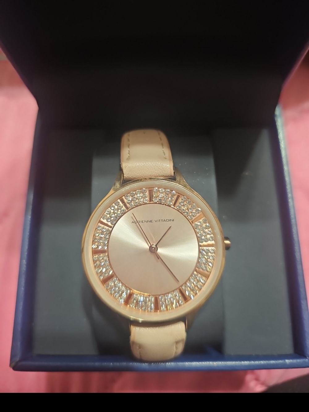 Adrienne Vittadini Rose Gold-Tone Beige Leather Crystal Accent Women's Watch